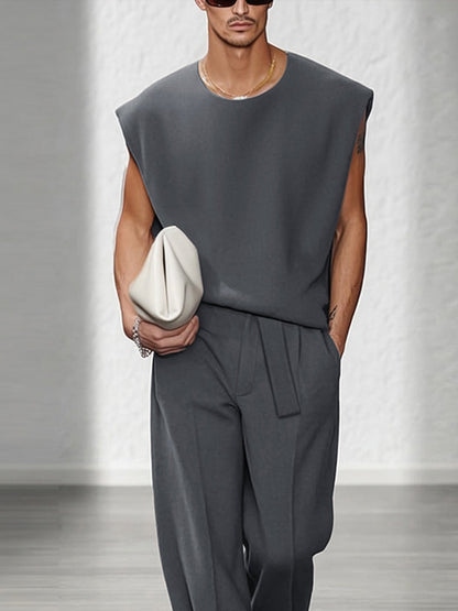 Urban Casual Shoulder Pad Tank Top Set